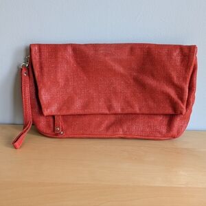 Roots | Fold Over Clutch, Textured Red Leather Soft Body Envelope Bag